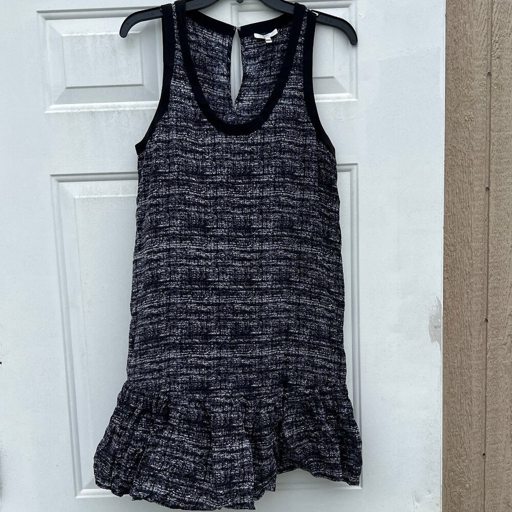 Joie 100% Silk Drop Waist Ruffle Hem Dress Tweed Style Print French Girl Size M